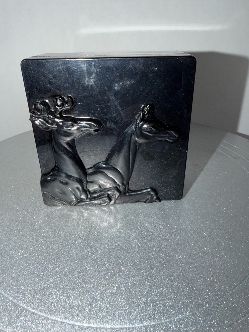 VTG Hickory Bakelite Trinket Box With Stag/Doe Embossed Black 1940’s ?